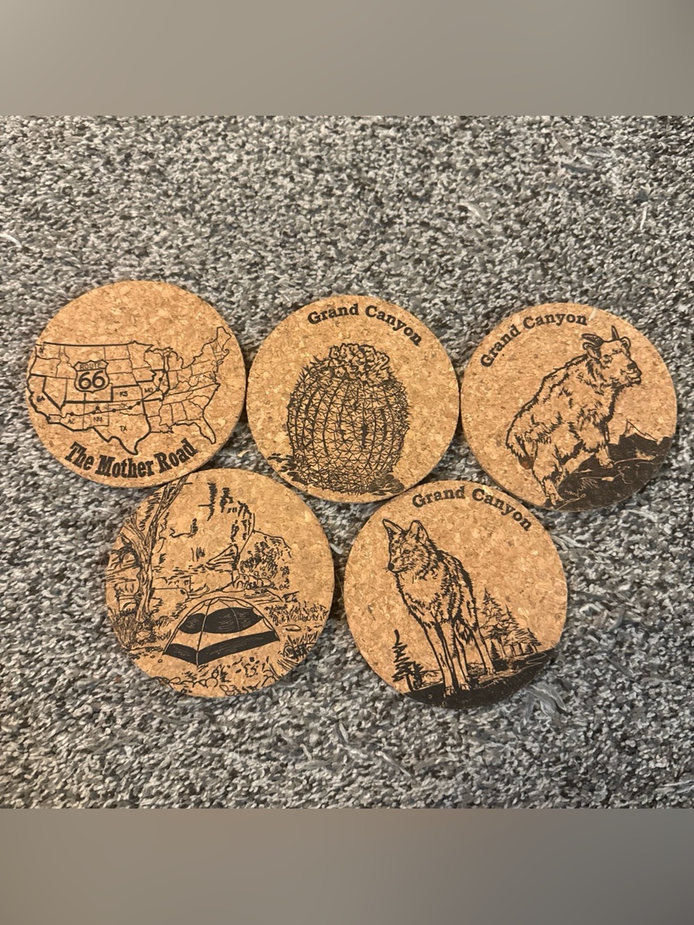 Set of 5 Southwestern Motif Cork Coasters 3.75” Route 66 Grand Canyon
